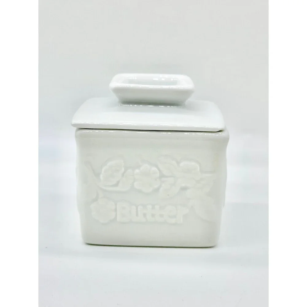Square White Porcelain Butter Bell Crock Keeper Holder  “butter” floral